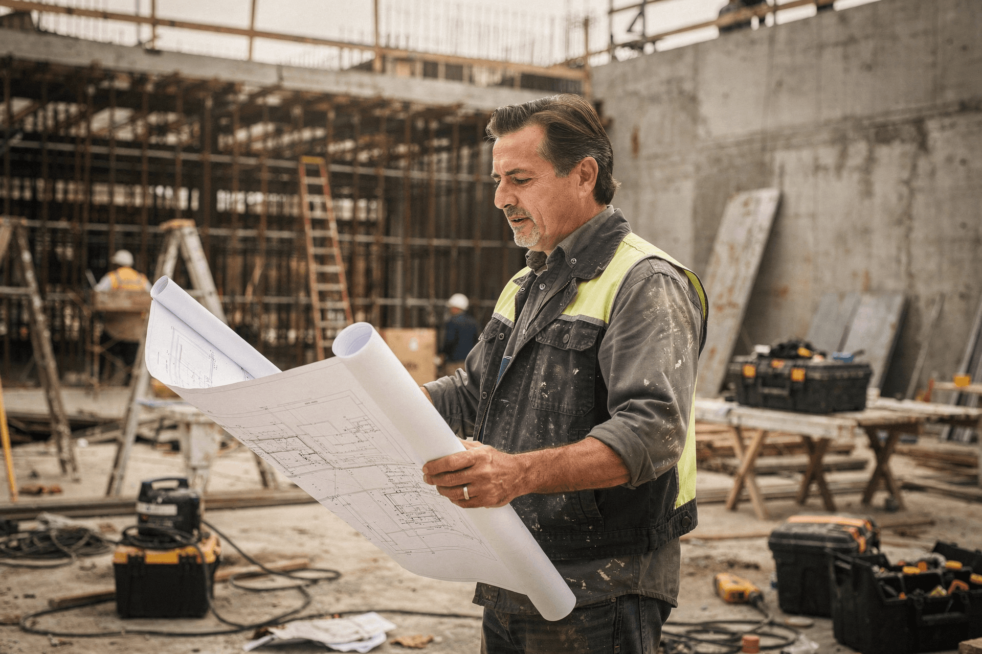 Construction business owner reviewing blueprints at job site