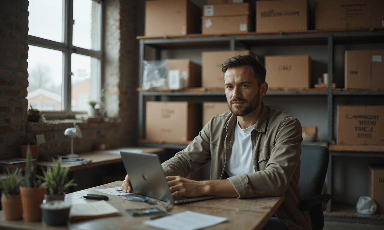 Small business owner reviewing SBA loan refinancing paperwork at desk