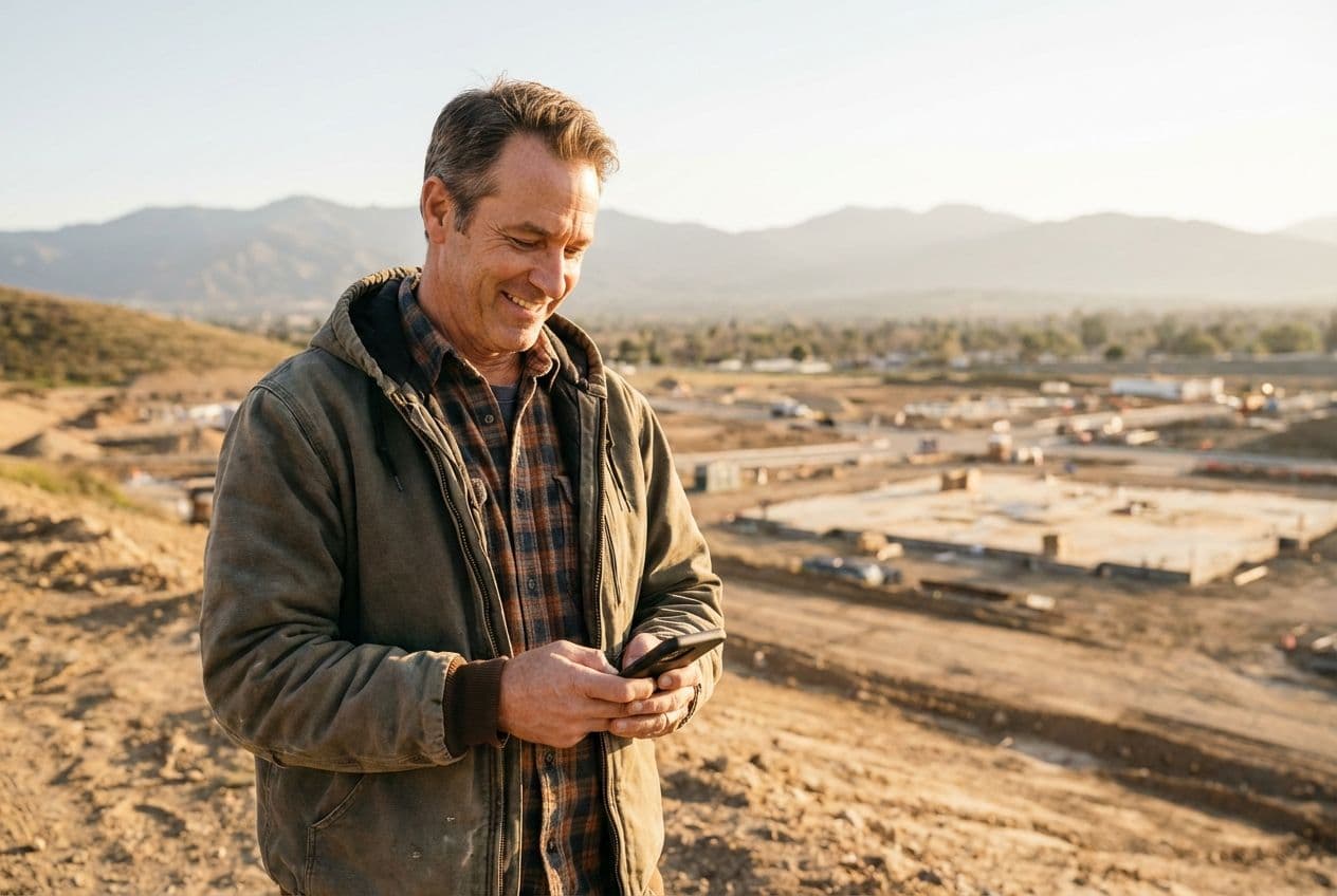 A 40-something, American construction small business owner looking at phone happily in front of an inspirational view, medium still shot, golden hour lighting, kinfolk aesthetic. golden ratio 