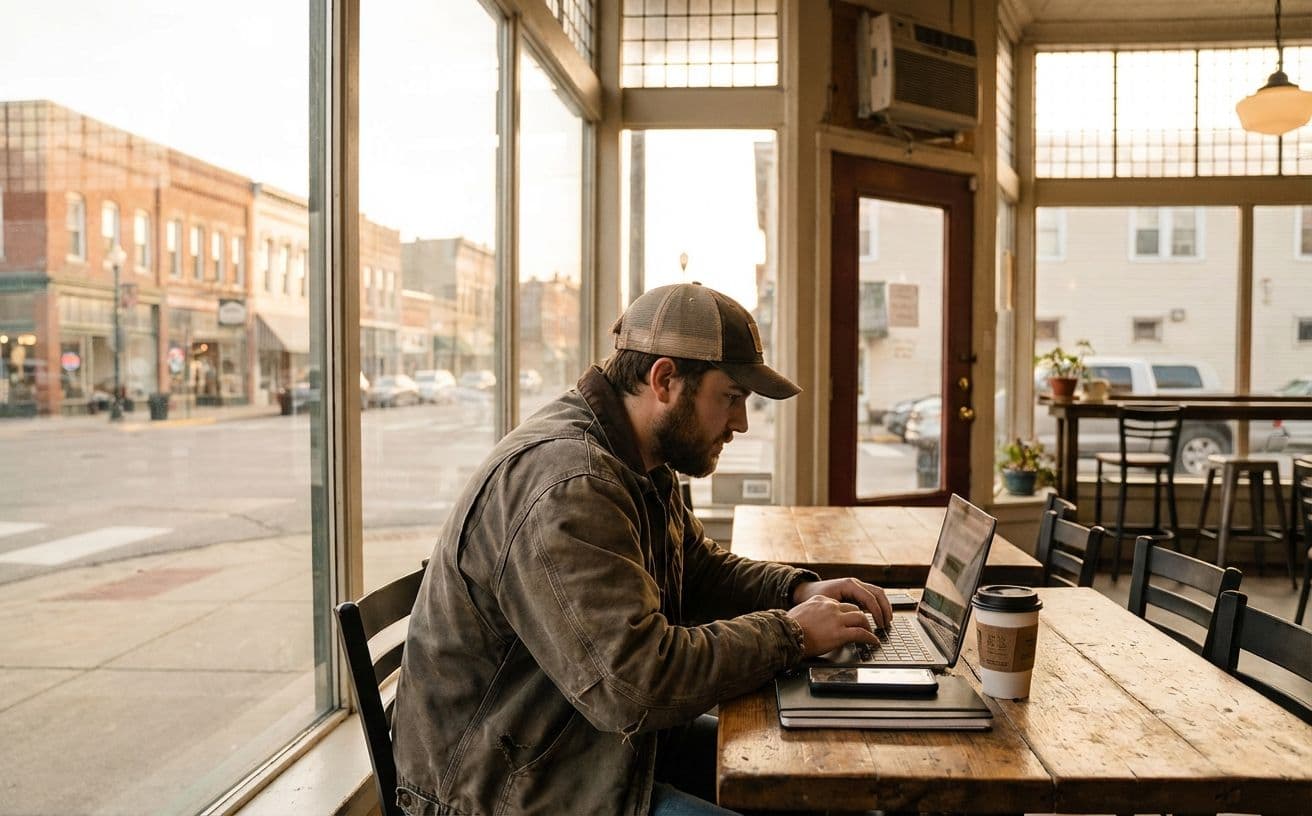 A 20-something, American construction small business owner researching on laptop in a real-world setting, partial dutch view shot, golden hour lighting, kinfolk aesthetic. golden ratio 
