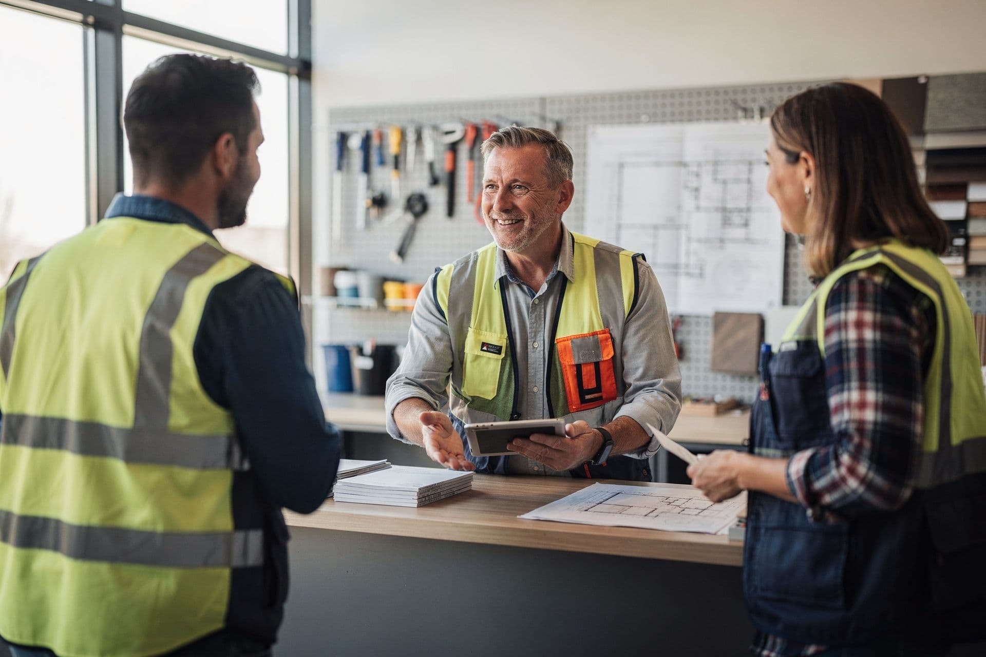 construction small business owner man engaging with customers