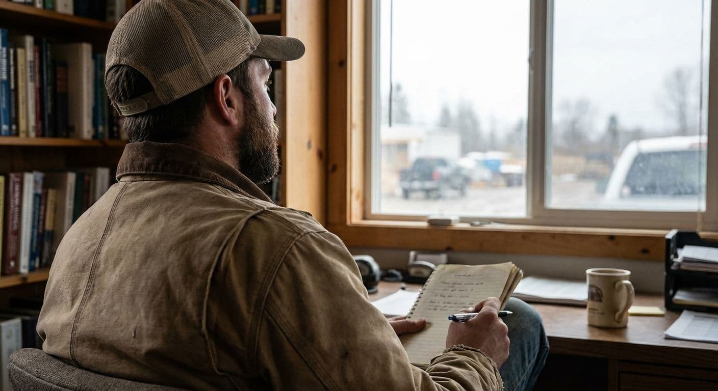 A 30-something, American construction small business owner listening attentively in a quiet moment during the day, over-the-shoulder still shot, overcast soft light lighting, kinfolk aesthetic. 