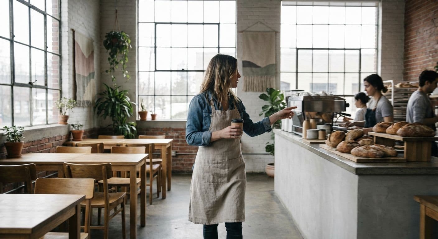 A 30-something, American food-services small business owner walking through the space in a naturally lit space, over-the-shoulder motion shot, overcast soft light lighting, kinfolk aesthetic.
