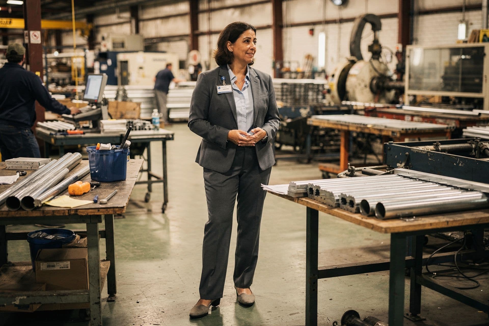 Valerie Berkshire, Vice President of Operations of Zimmerman Manufacturing Solutions a manufacturing business in Georgia standing with a grounded, confident posture